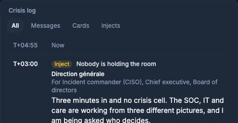 Le journal de crise avec un événement demandant à l’équipe d’activer la cellule de crise.